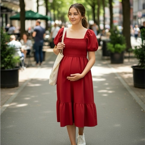 Isabel Maternity by Ingrid & Isabel Dresses & Skirts - Isabel Maternity by Ingrid & Isabel Red Smocked Puffed Sleeve Tiered Dress